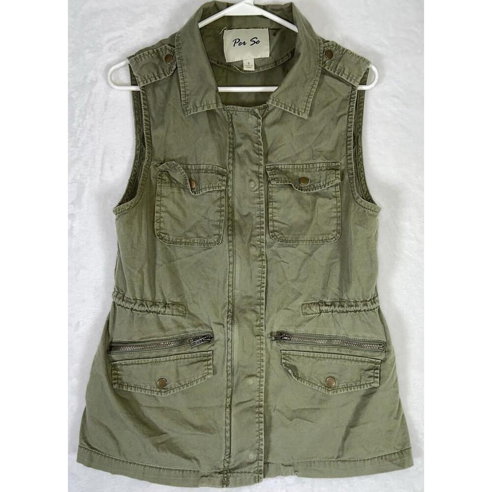 Per Se Womens Size S Olive Green Military Vest Utility Cargo Sleeveless Jacket